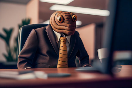 Worm in Business Attire at an Office Environment.  . Corporate Office Scene with a Worm in a Suit. Generative AIの素材