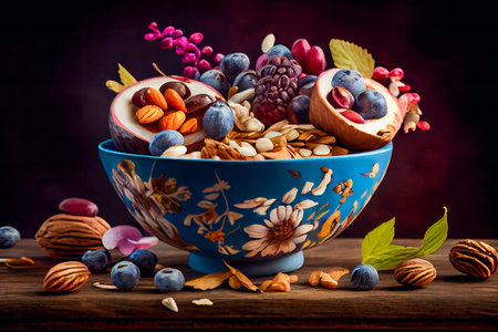 Variety of Colorful Nuts and Seeds in Bowl. Generative AI.の素材