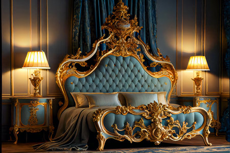 Elegant bedroom interior in baroque style.   Romantic bedroom.  Generative AIの素材