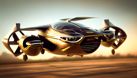 A model of a flying car in the air of the future.  Generative AIの素材