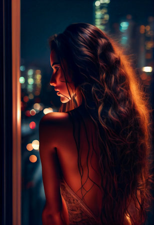 illustration of woman at the window.  Beautiful young woman.  Generative AIの素材