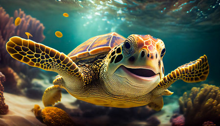 Joyful smiling sea turtle swimming underwater. Generative AIの素材