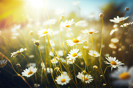 Blooming Meadow with White Spring Daisy Flowers in Sunshine. Generative AIの素材
