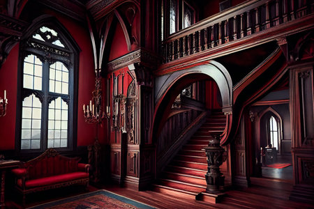 Elegant Gothic Exclusive Room with Red and Black Color Scheme and Beautiful Woodwork. Generative AIの素材