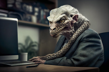 Old Female with Snake-Like Features in Professional Garb in the Business Office. Generative AI.の素材