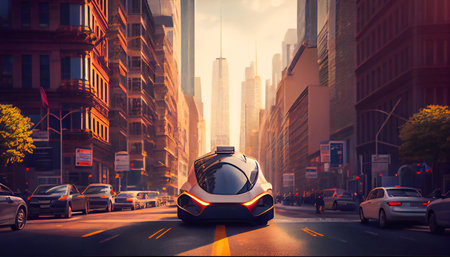 Driverless car navigating through a city street, illustrating the future of urban transport.  Generative AIの素材