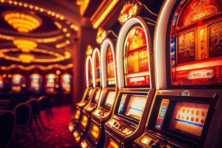 Entertainment area illuminated with casino machines at night. Generative AIの素材
