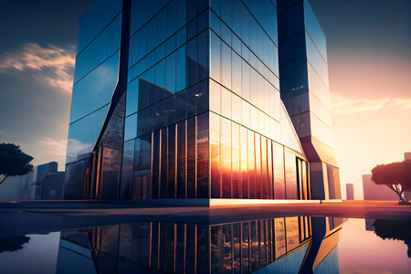 The Beauty of Glass Architecture  with a Blue Sky.  Large Office Building with many windows.  Generative AIの素材