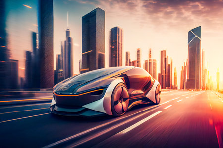 Futuristic Autonomous Vehicle Drives Through Urban Skyscraper Landscape . Generative AIの素材