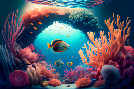 Exploring the Colorful Underwater World. A Collection of Exotic Fish and Coral Reefs.  Generative AIの素材