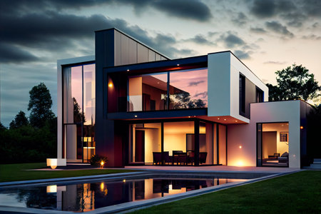 Exterior of a luxury house with swimming pool.  Modern  Villa.   Generative AIの素材