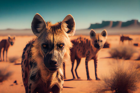 Furious Wild Hyenas in Desert. Generative AIの素材