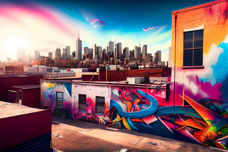 Colorful Cityscape. A Vibrant Display of Urban Street Art and Graffiti with a Skyline Backdrop. Generative AIの素材