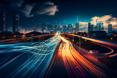 Smart metropolis with lightning-fast information highways . Generative AIの素材