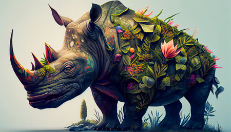 Fantastic Tropical Surreal Rhinoceros. Generative AIの素材