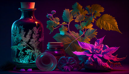 Still life and details of natural and organic ingredients used for botanical medicines and therapies is under violet light.  Generative AIの素材