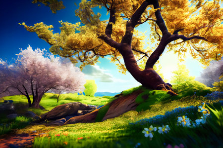 Stunning Spring Nature Background with Blooming Glade, Trees and Blue Sky on a Sunny Day. Generative AIの素材