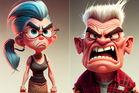 Very Angry Human Cartoon.  Unhappy Peoples.  Furious Persons. Generative AIの素材