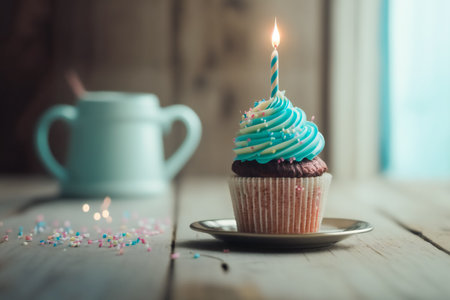 Tempting birthday cupcake with a flickering candle on light background.  Generative AIの素材