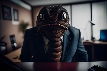 Worm in Business Attire at an Office Environment.  . Corporate Office Scene with a Worm in a Suit. Generative AIの素材
