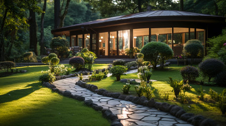 A Luxurious Residential Landscape with Green Lawnsの素材