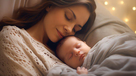 Newborn baby sleeping with motherの素材