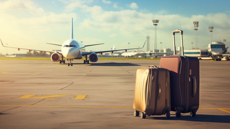 Travel concept. Airport with luggage suitcases and airplaneの素材