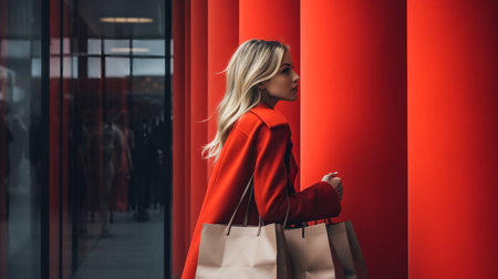 Beautiful female carrying shopping bags. Beautiful woman with many shopping bagsの素材