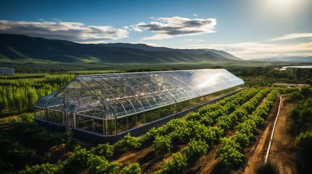 Aerial view on large glass houses. View from the top of the greenhouses.の素材