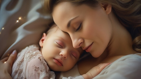 Newborn baby sleeping with motherの素材