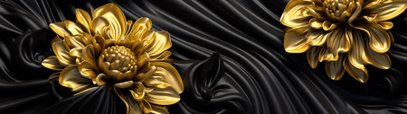 Black and gold, luxury background, floral shapes, black silk. AI Generatedの素材
