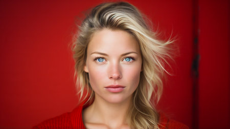 Blonde Woman with Blue Eyes on Redの素材