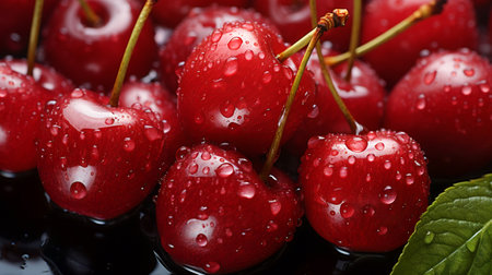 Closeup of Fresh Red Cherries with Water Dropletsの素材