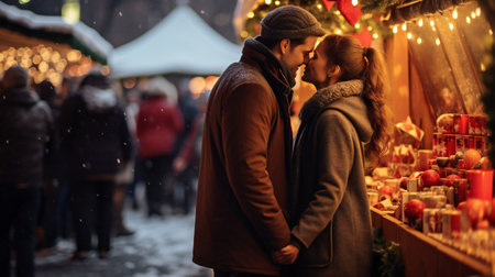 Couple Embracing at Christmas Market. Christmas Market Magic. Young Love Under the Twinkling Lightsの素材