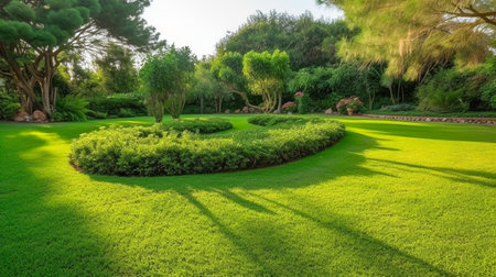 Green carpet grass smooth lawn in garden with row of bush and trees on the background. AI Generatedの素材