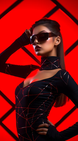 Mesmerizing Beauty in Red and Black. Beautifull and very flirty style model with a perfect body, red backroundの素材