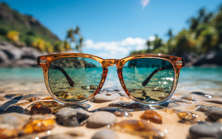 Sunglasses and tranquility on a sandy beach with turquoise waterの素材