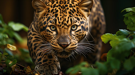 The leopard hiding in the jungle foliageの素材