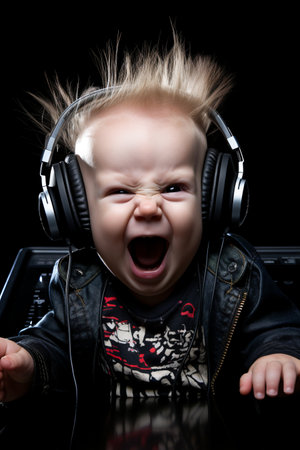 portrait of a crazy baby in headphones on a black backgroundの素材