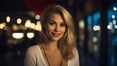 Blond Beauty. Nightlife Glamor. Blonde Woman against Night Skylineの素材