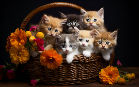 cute kittens in a wicker basketの素材