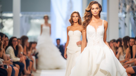 Wedding Model. Female models walk the runway in beautiful stylish white wedding dresses during a Fashion Showの素材