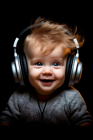 portrait of a crazy baby in headphones on a black backgroundの素材
