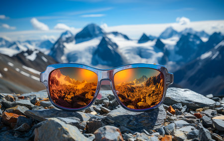 ski sunglasses on the snow against the backdrop of snow-capped mountainsの素材