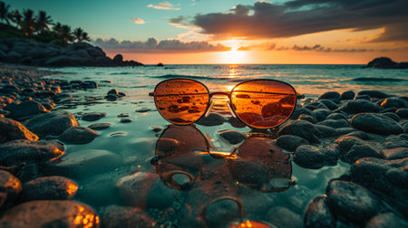 sunglasses on the evening beach at sunsetの素材