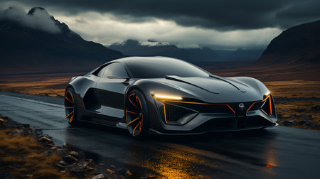 Black sports car on drak dramatic cloudyの素材