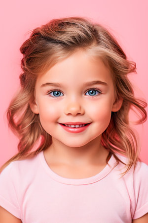 Happy Little Girl Portrait. Joyful Child in a Pink Worldの素材