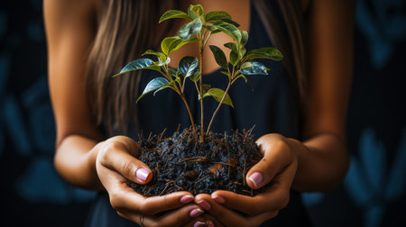 Hands holding a green young plantの素材