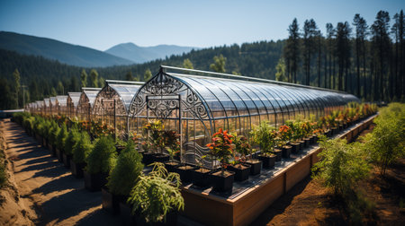 Aerial view on large glass houses. View from the top of the greenhouses.の素材