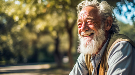 Outdoor portrait of cheerful senior man. AI Generatedの素材
